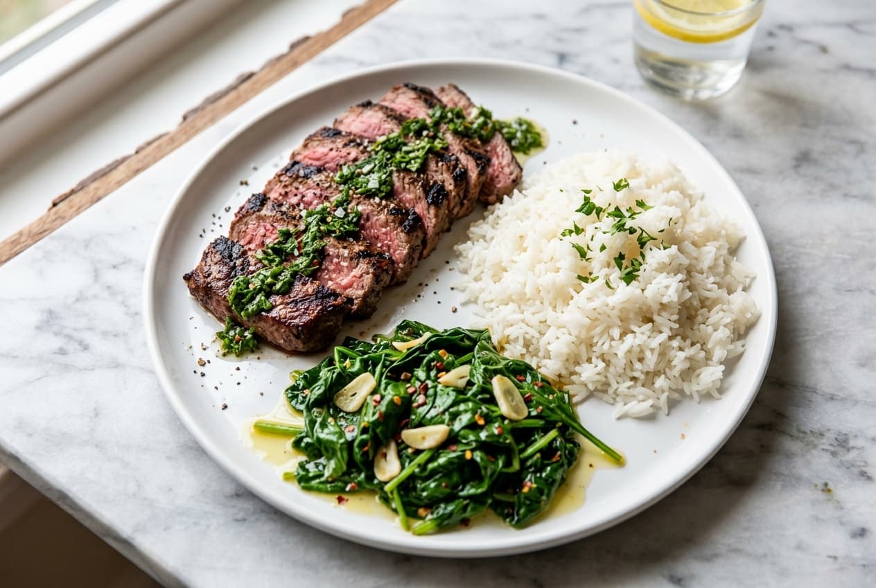 FreshEatz build-your-plate meal with protein, rice, and vegetables
