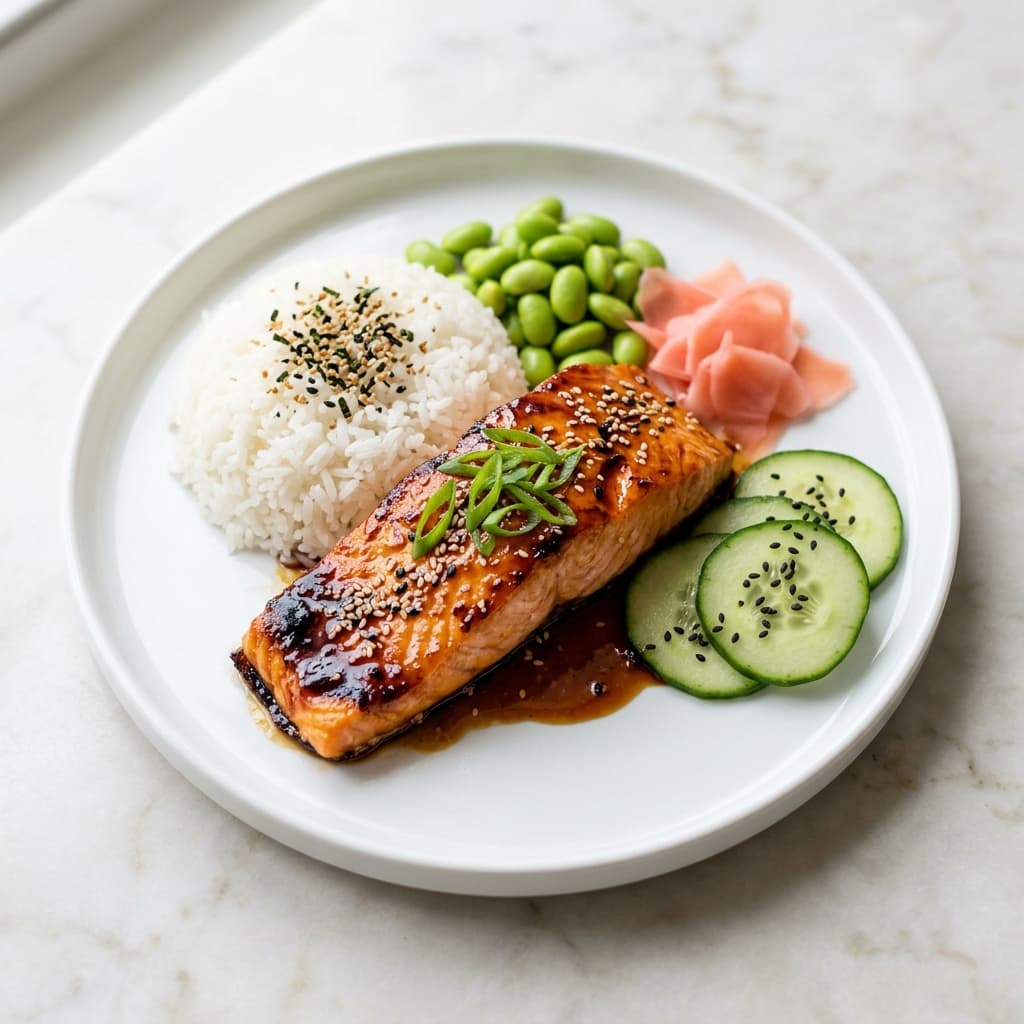 Teriyaki salmon bowl with greens and rice